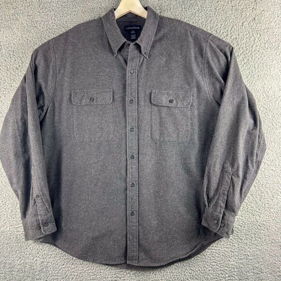 Lands End Flannel Shirt Mens XL Gray Chamois Casual Outdoor Camping Fishing - Picture 1 of 12